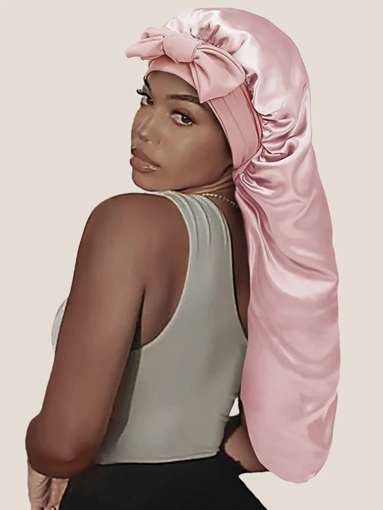 Women's Long Oversized Elastic Satin Bonnet Sleeping Cap with Ribbon - Breathable Turban Sleep Headwear Bandanas
