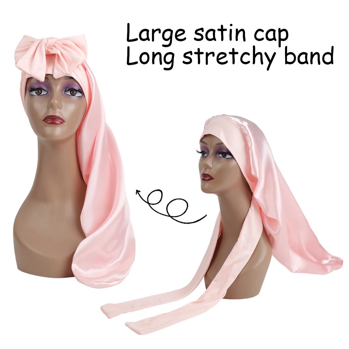 Women's Long Oversized Elastic Satin Bonnet Sleeping Cap with Ribbon - Breathable Turban Sleep Headwear Bandanas