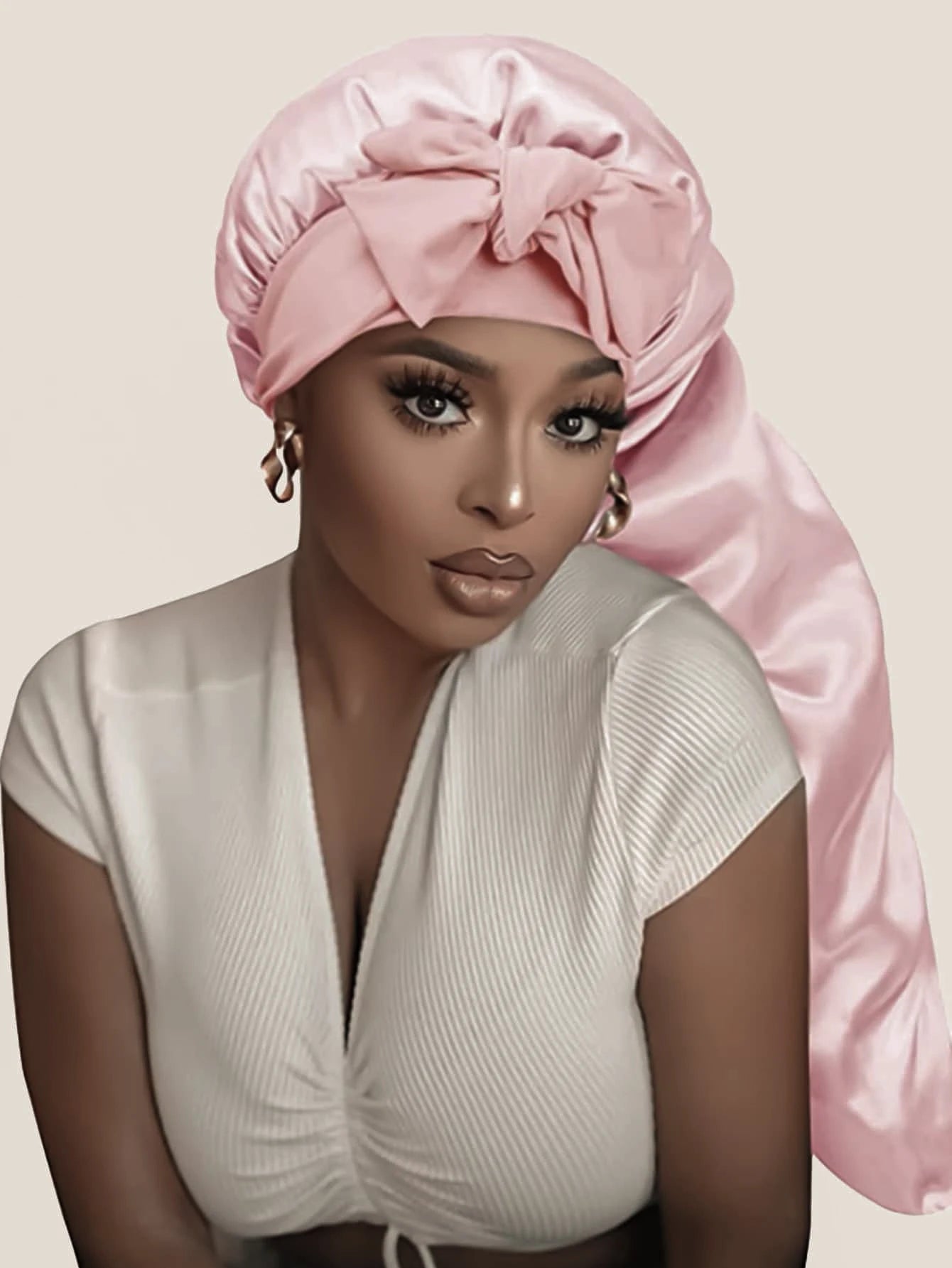 Women's Long Oversized Elastic Satin Bonnet Sleeping Cap with Ribbon - Breathable Turban Sleep Headwear Bandanas