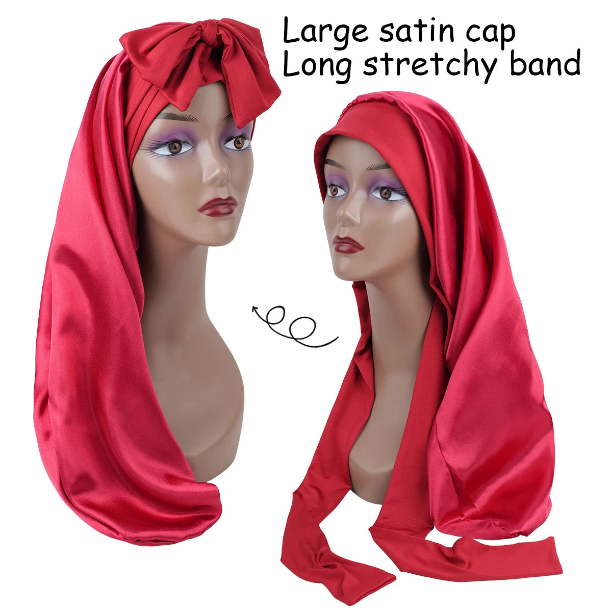 Women's Long Oversized Elastic Satin Bonnet Sleeping Cap with Ribbon - Breathable Turban Sleep Headwear Bandanas