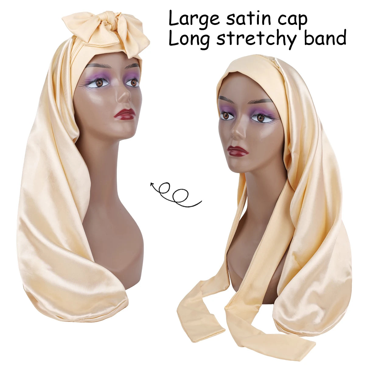 Women's Long Oversized Elastic Satin Bonnet Sleeping Cap with Ribbon - Breathable Turban Sleep Headwear Bandanas