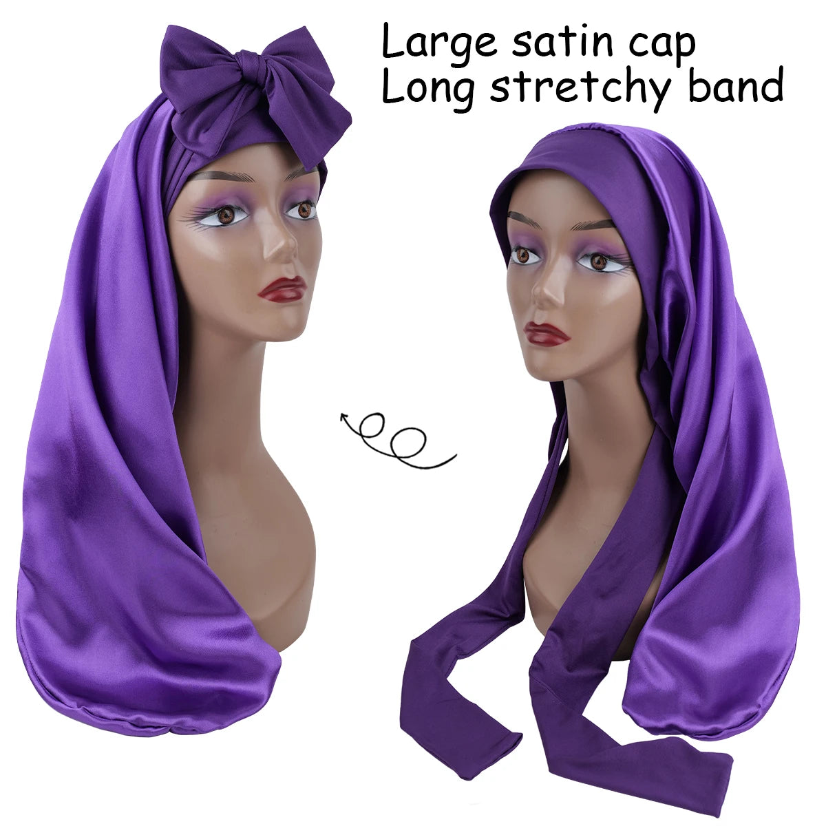 Women's Long Oversized Elastic Satin Bonnet Sleeping Cap with Ribbon - Breathable Turban Sleep Headwear Bandanas