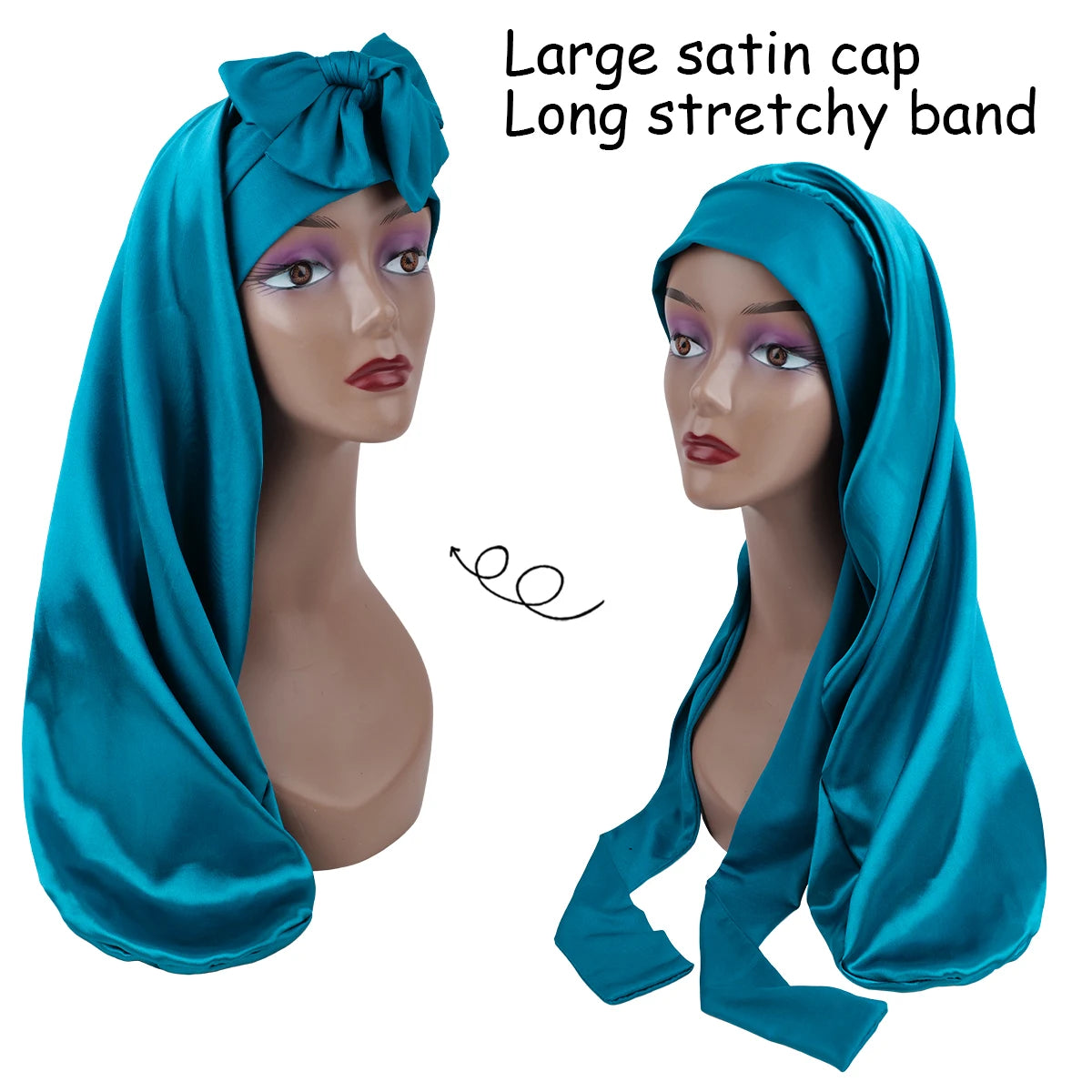 Women's Long Oversized Elastic Satin Bonnet Sleeping Cap with Ribbon - Breathable Turban Sleep Headwear Bandanas