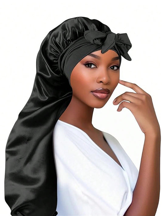 Women's Long Oversized Elastic Satin Bonnet Sleeping Cap with Ribbon - Breathable Turban Sleep Headwear Bandanas
